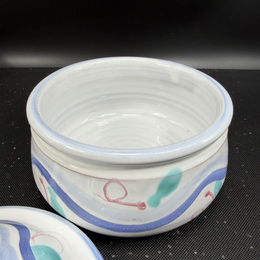 Nicola Fasano Italy Pier 1 Ceramic Lidded Jar Hand Painted Abstract Blue Pink 4